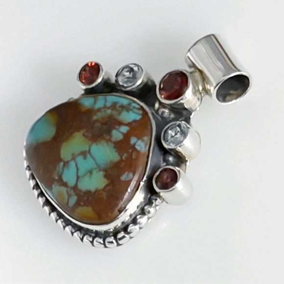 Solid Sterling Silver 925 Red Garnet Turquoise Pendant Southwest Vintage Style - Picture 2 of 6